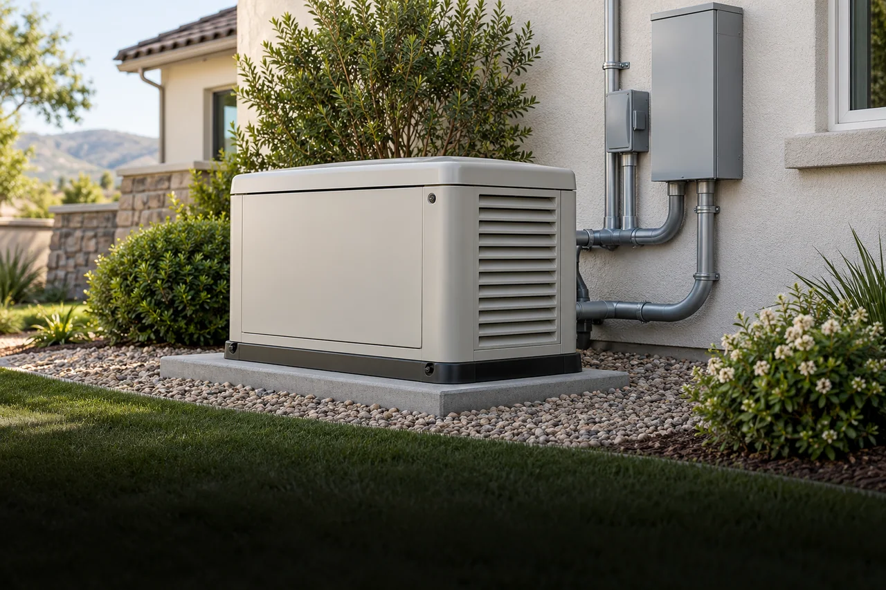 AI-generated illustration of a residential standby generator installation; not a Bay Valley Electric project